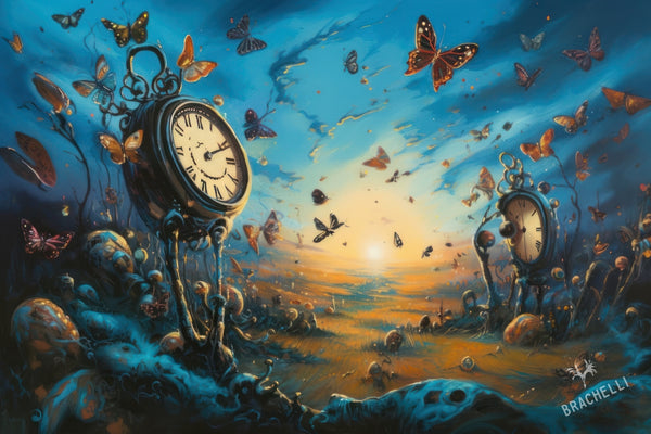 Surrealistische weergave van Clockwork Wisdom kunst aan de muur