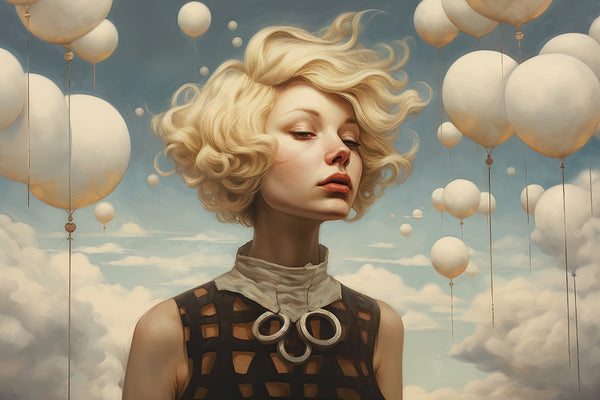 Surrealistisch schilderij van een dame met ballonnen - White Elevation