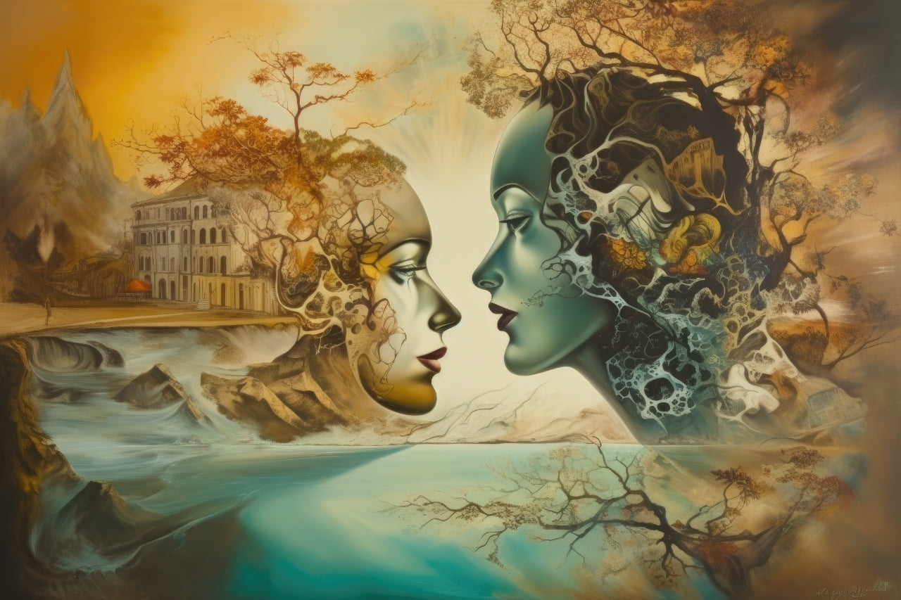 Surrealistisch schilderij over twee gepassioneerde geliefden - Eternal Embrace 