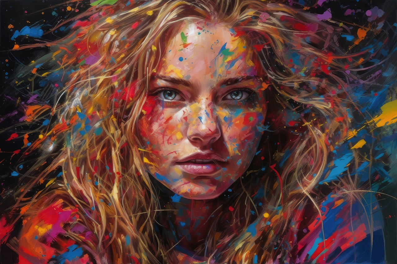 Blonde lady in an explosion of colours - Radiant Aura wall art