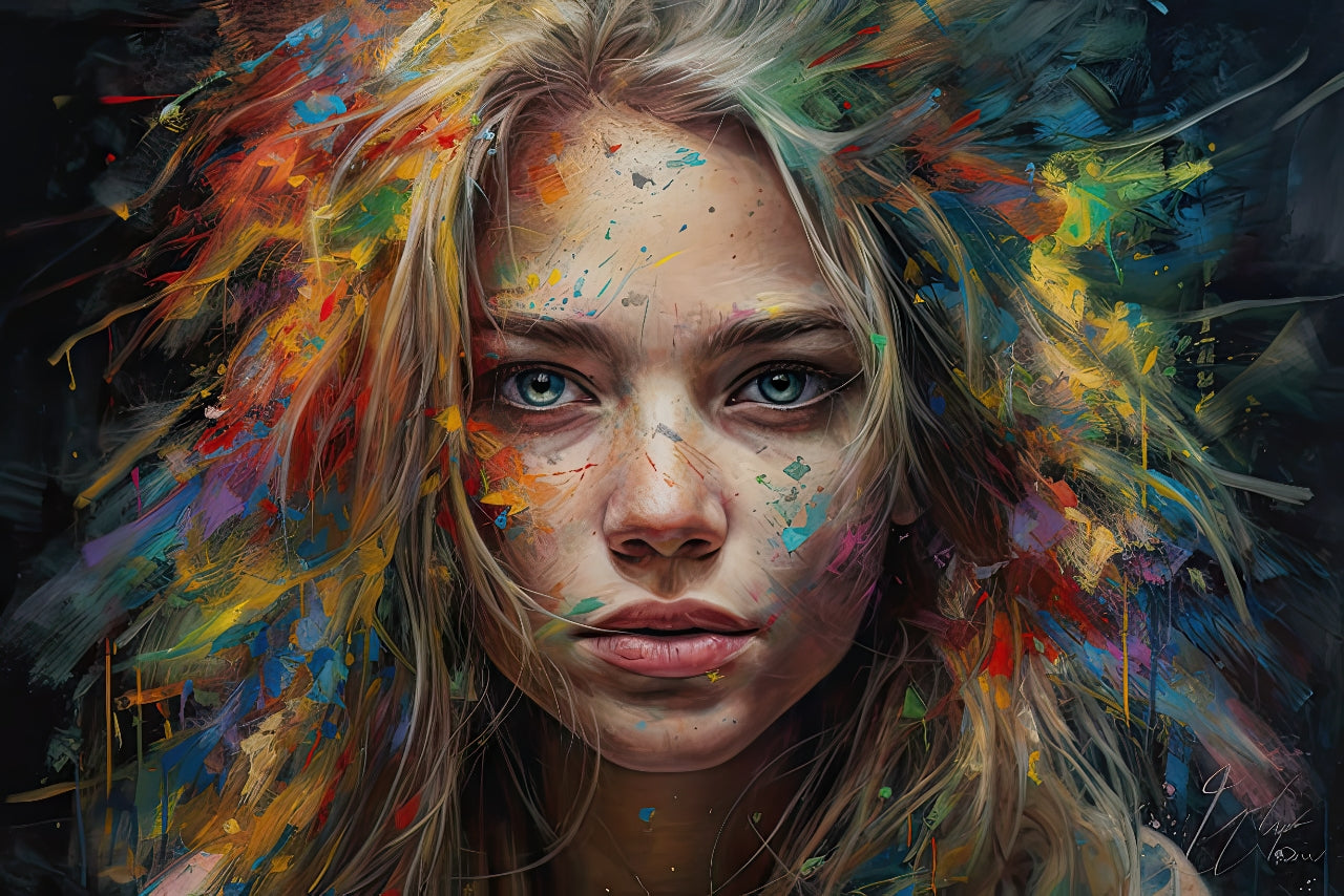 Challenging blonde lady in explosion of paint colours - Colorful Defiance
