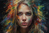 Challenging blonde lady in explosion of paint colours - Colorful Defiance
