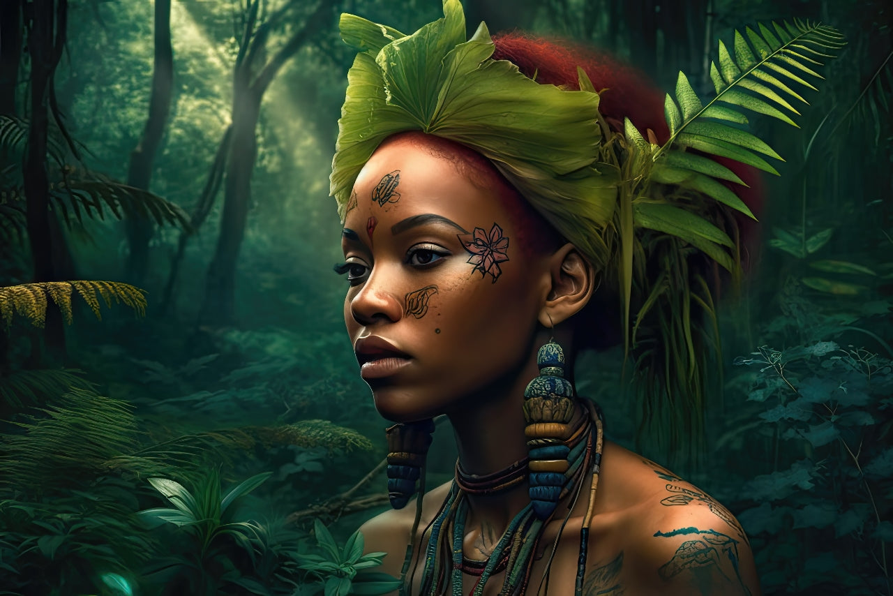 Femme afro-américaine sensuelle dans la jungle - Inked Mystique 