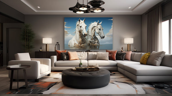 Horse duo enjoying the fresh water on a hot day - Oasis Solace wall art