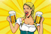Pop Art Germany Girl waitress carries beer glasses.