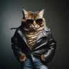 Portrait of a macho cat wearing a leather black jacket
