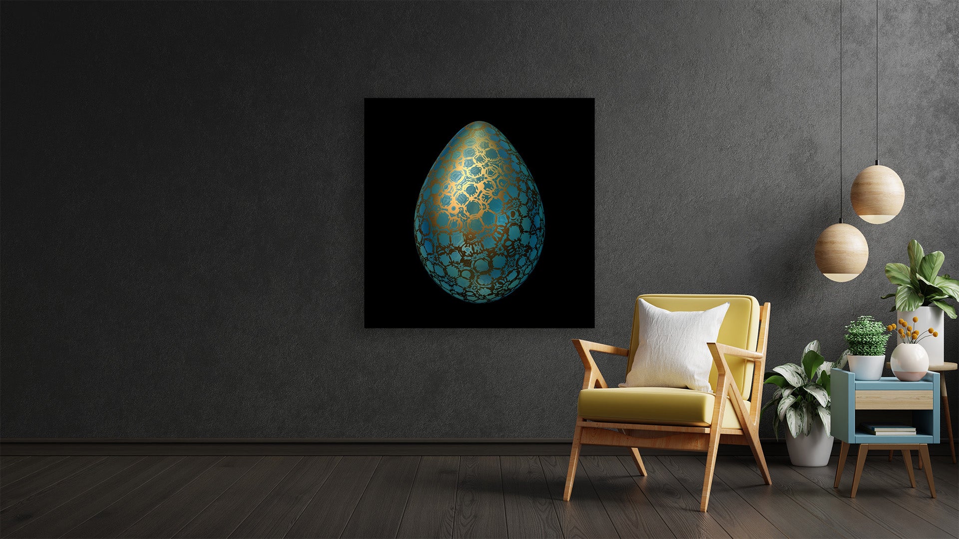 Pysanka Turquoise Glass Egg with Golden Swirls - Azure Vortex