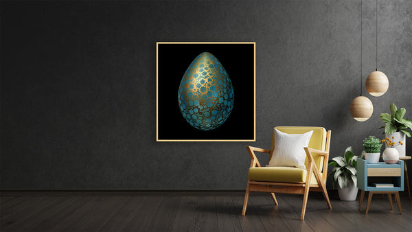 Pysanka Turquoise Glass Egg with Golden Swirls - Azure Vortex