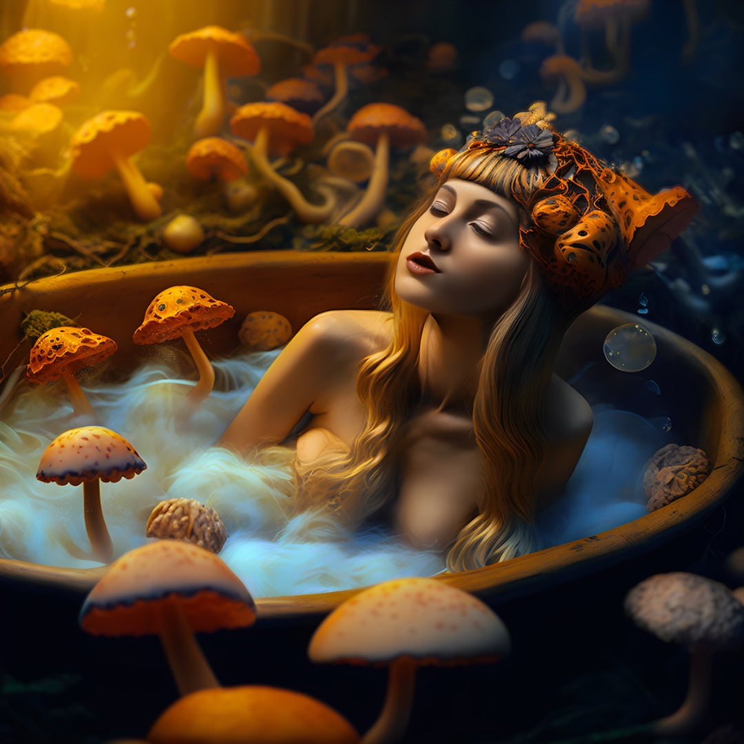 Mooie blonde vrouw neemt een psilocybinebad tijdens haar paddenstoelentrip omringd door een magisch bos