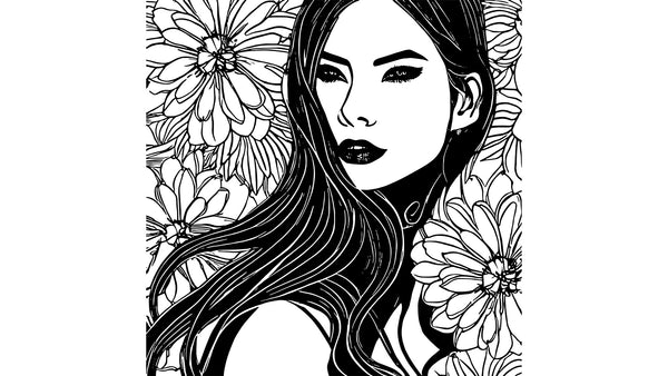 Line art of beautiful woman with a flower pattern - Ethereal Beauty Blossoms