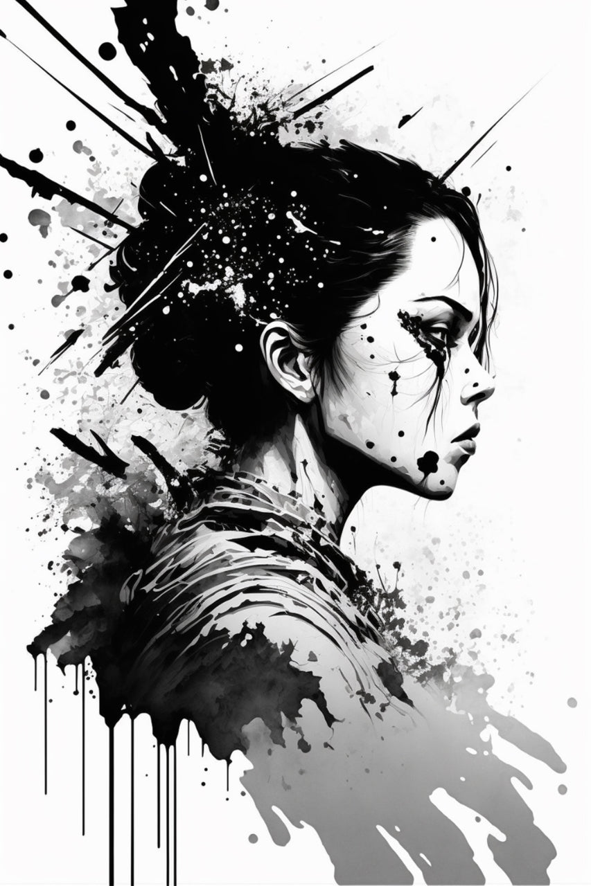 Japanese Female Warrior in Black and White Art