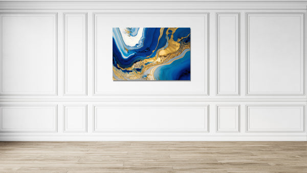 Gold marble painting, abstract art, blue and white