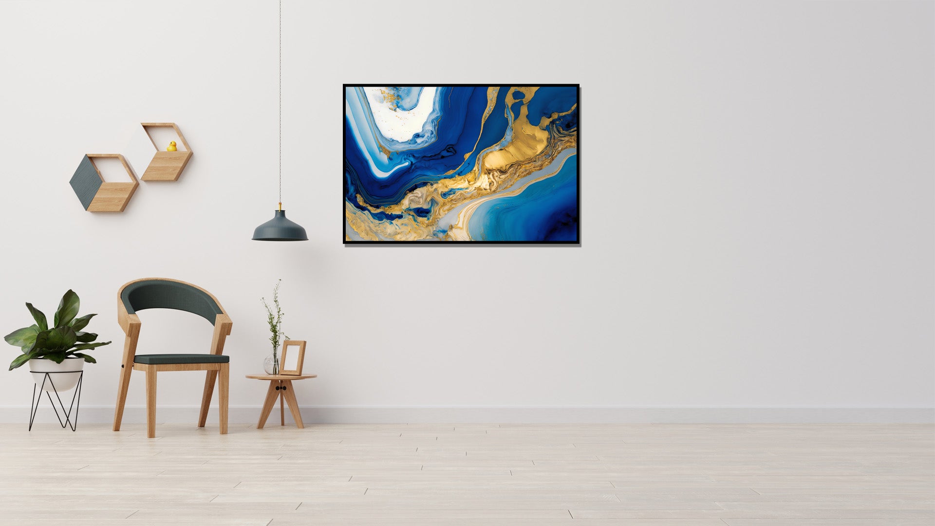 Goud marmer schilderij, abstracte kunst, blauw en wit