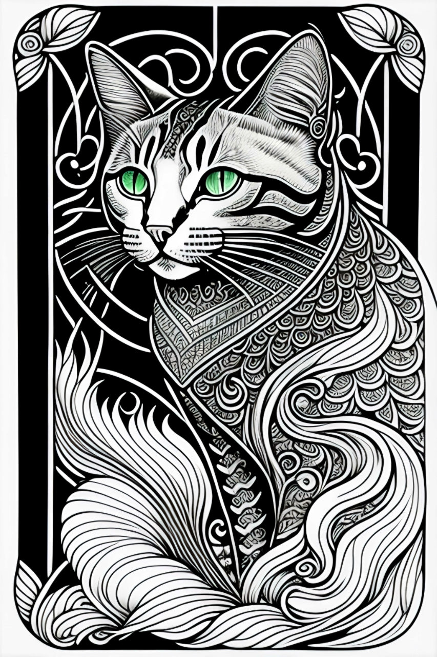 Line art drawing of a cat in art deco style